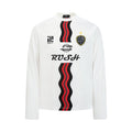 White oversized long sleeve graphic tee with RUSH F.C. Atlas 7 wavy black and red stripe print, front view