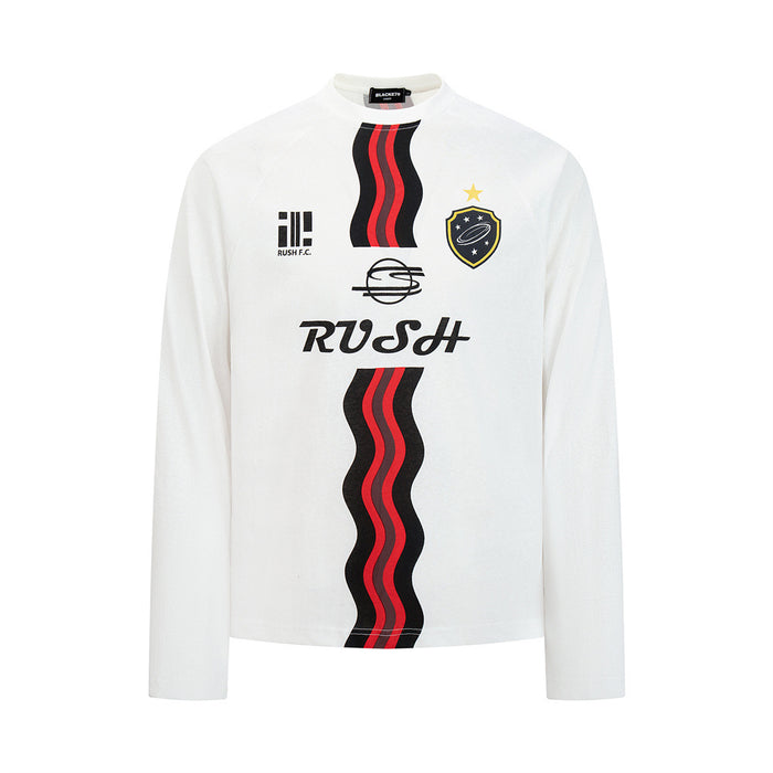 White oversized long sleeve graphic tee with RUSH F.C. Atlas 7 wavy black and red stripe print, front view