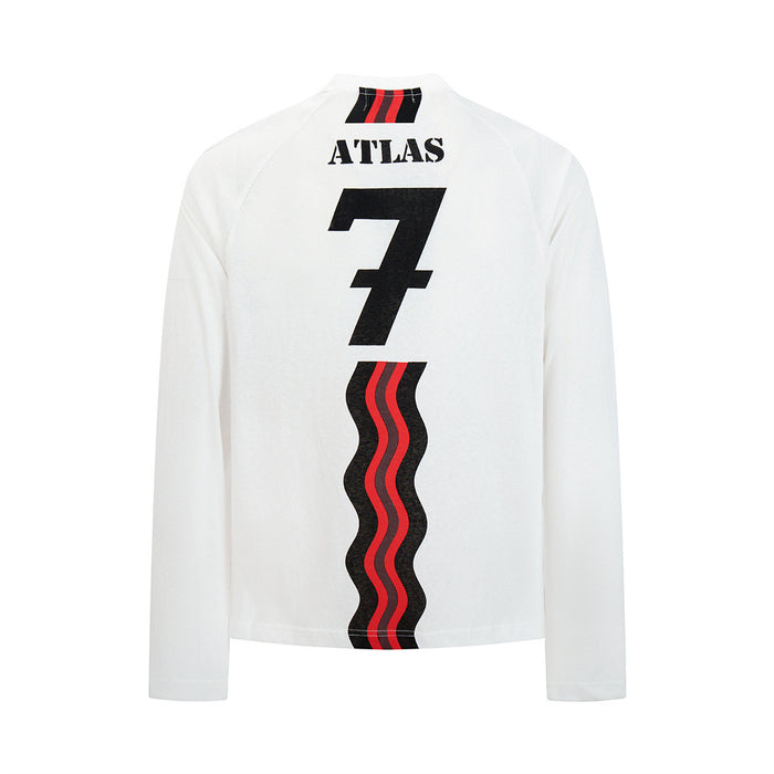 White long-sleeve football jersey tee shown from the back with ATLAS, number 7, and black-red wavy stripes