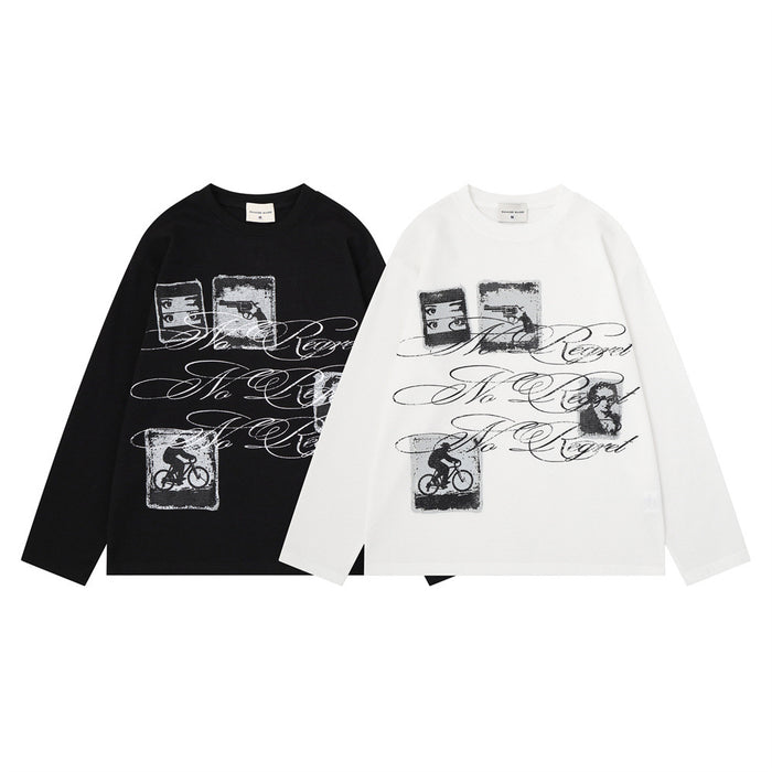 Black and white long sleeve crew neck shirts with black script lettering and grayscale graphic panels