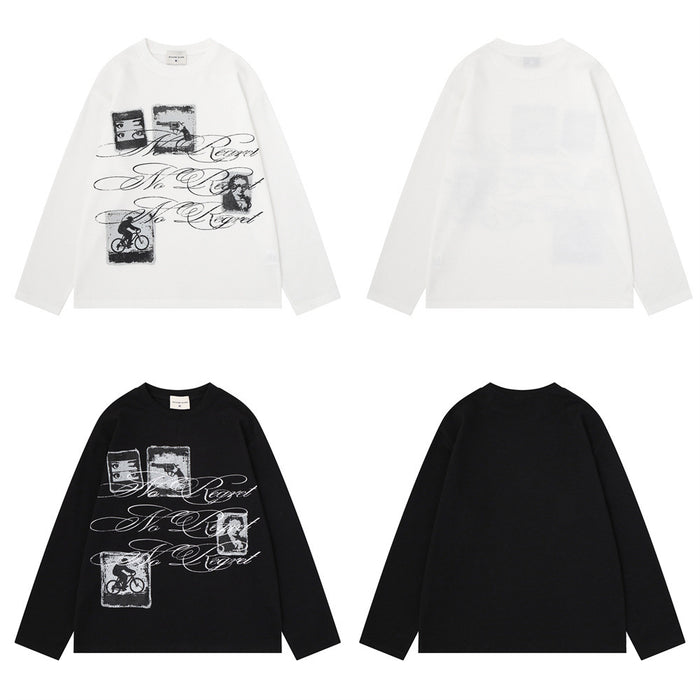 Front and back views of black and white long sleeve crew neck shirts with graphic fronts and plain backs