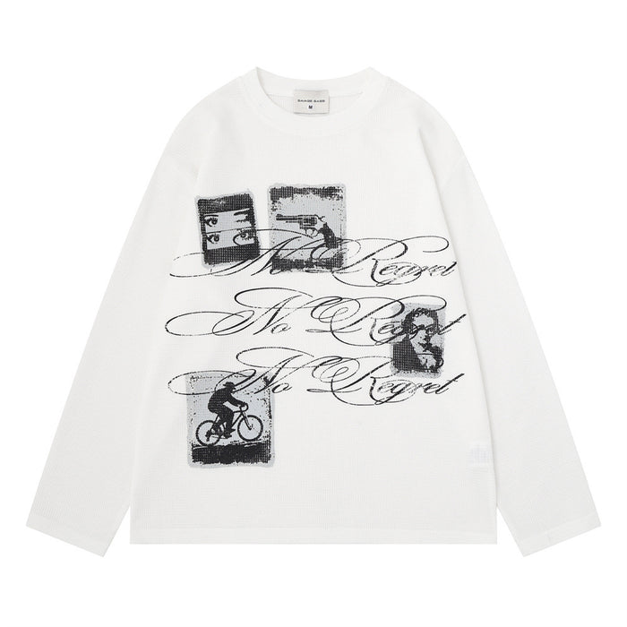 White long sleeve crew neck shirt front with black script lettering and grayscale graphic panels