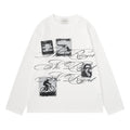 White long sleeve crew neck shirt front with black script lettering and grayscale graphic panels