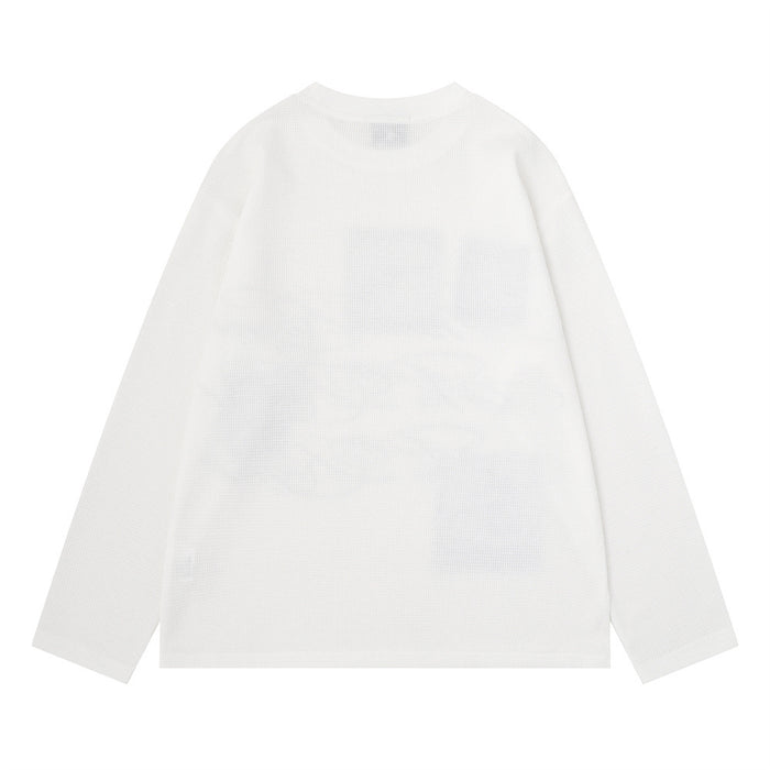 Plain white long sleeve crew neck shirt shown from the back