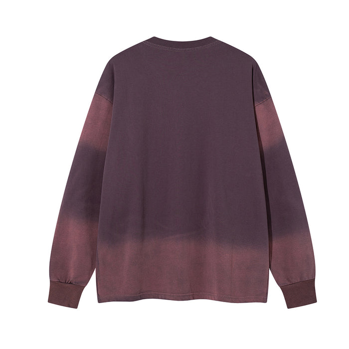 Back view of the deep plum oversized long sleeve shirt showing its acid-wash shading and ribbed cuffs