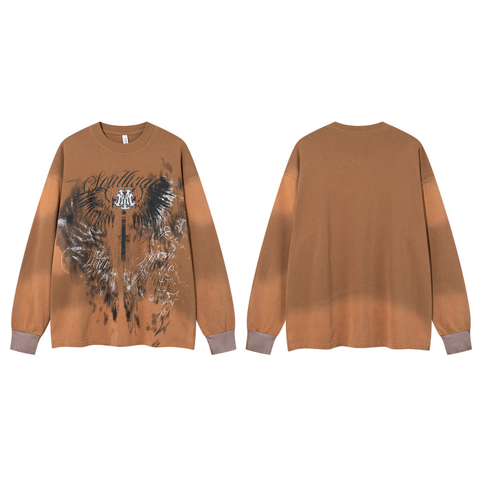Tan oversized long sleeve shirt shown from the front and back with contrasting ribbed cuffs