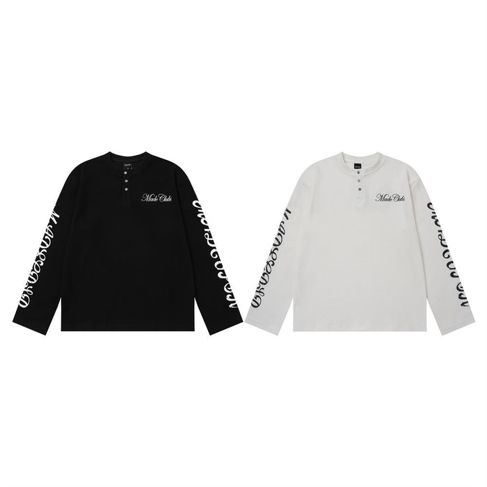 Black and white long sleeve henley shirts shown side by side with script sleeve graphics