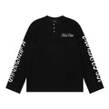 Made Clubs black long sleeve Henley shirt with mirrored twin-lion back graphic and gothic script sleeve print