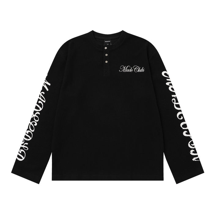 Made Clubs black long sleeve Henley shirt with mirrored twin-lion back graphic and gothic script sleeve print