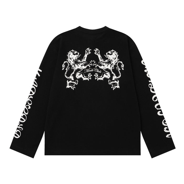 Black shirt back with a large white two-lion gothic graphic and script lettering on the sleeves