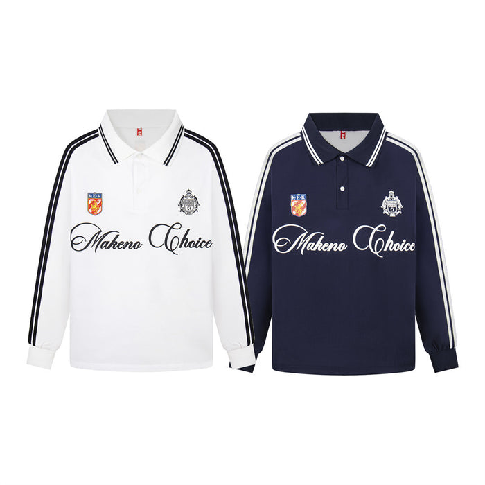 Relaxed-fit long sleeve polo shirt with contrast stripe sleeves and cursive script logo in White and Navy