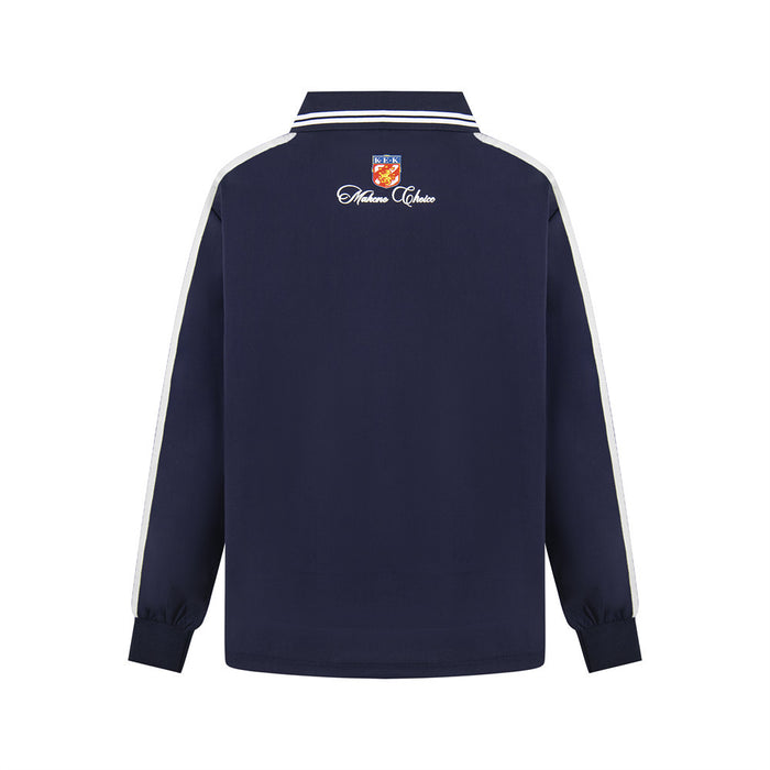 Back view of navy long sleeve polo shirt with striped collar and sleeve detailing