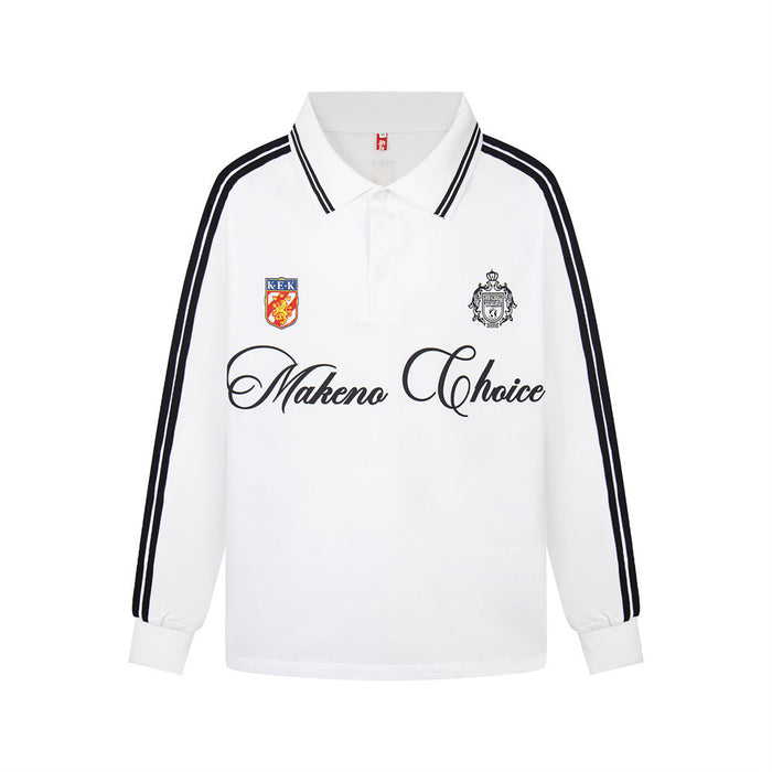 White long sleeve polo shirt with black striped sleeves, striped collar, crest patches, and script chest logo