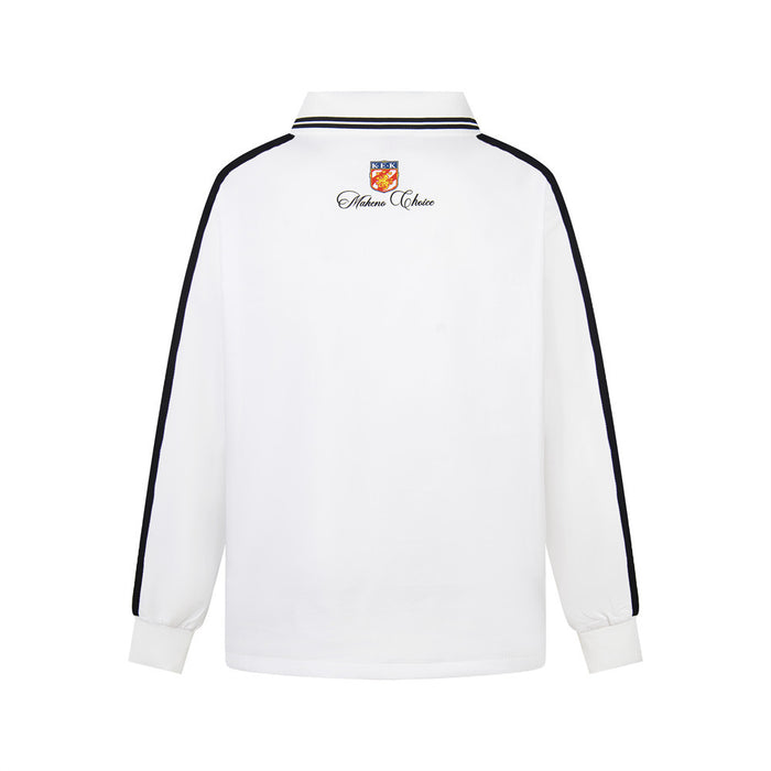 Back view of white long sleeve polo shirt with black sleeve stripes and striped collar