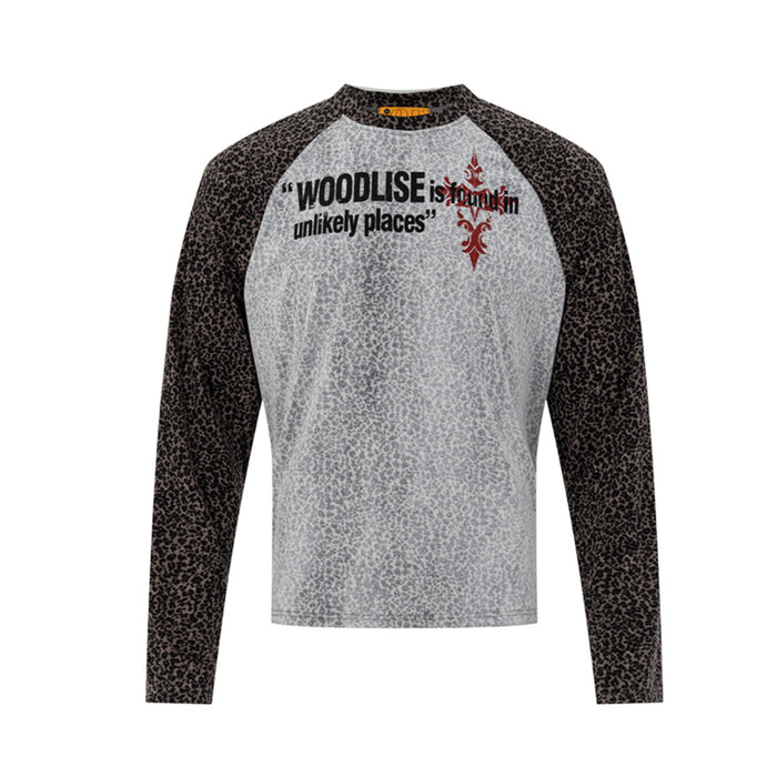 Long sleeve raglan tee with dark leopard-print contrast sleeves and Woodlise slogan graphic on grey mottled body
