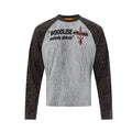 Long sleeve raglan tee with dark leopard-print contrast sleeves and Woodlise slogan graphic on grey mottled body
