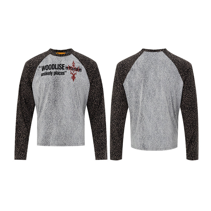 Raglan long sleeve tee shown front and back, with gray leopard-print body, brown-black sleeves, and chest graphic