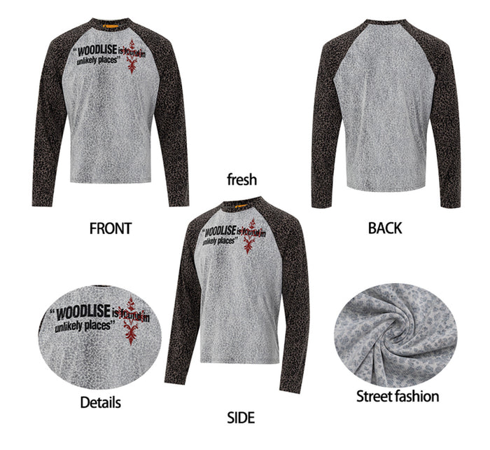 Raglan tee overview showing front, back, side, chest graphic detail, and gray fabric texture