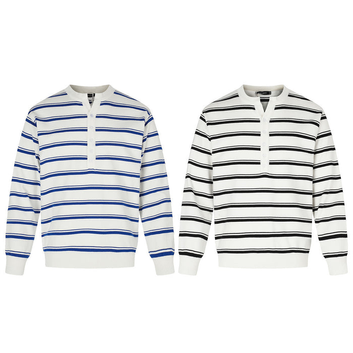 Two striped long-sleeve knit henley sweaters, one white with blue stripes and one white with black stripes