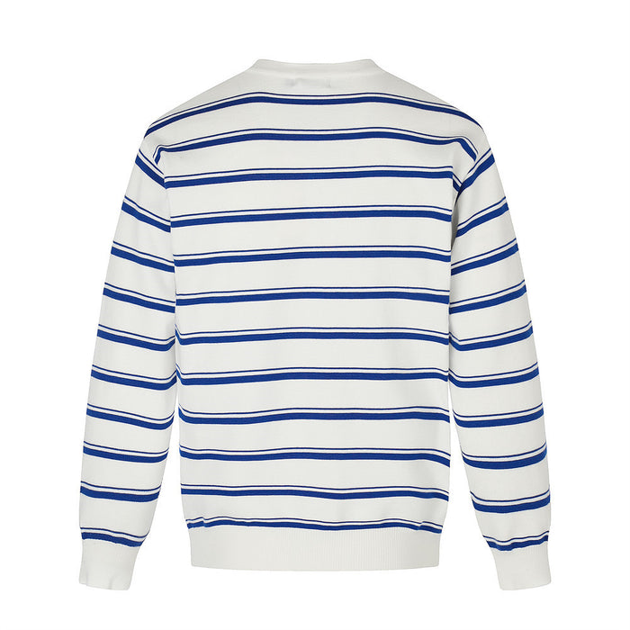 Back view of a white knit henley sweater with horizontal blue stripes, ribbed collar, cuffs, and hem