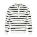Front view of a white knit henley sweater with horizontal black stripes and a buttoned placket