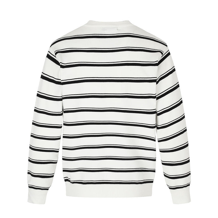 Back view of a white knit henley sweater with horizontal black stripes and ribbed edges