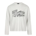 White long-sleeve men's t-shirt with black Parthenon architectural sketch print on the chest, relaxed oversized fit, front an