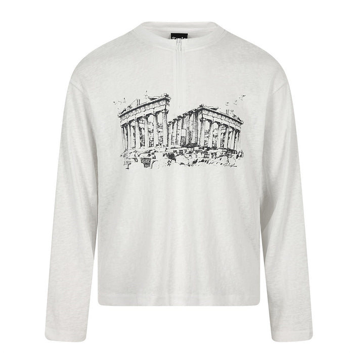 White long-sleeve men's t-shirt with black Parthenon architectural sketch print on the chest, relaxed oversized fit, front an