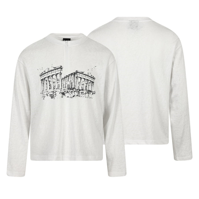 White long-sleeve shirt shown front and back, with an architectural Greek temple print across the chest