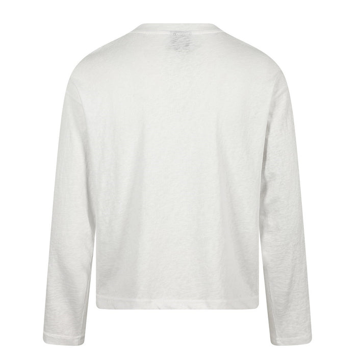 Back view of a plain white long-sleeve shirt with a round neckline and relaxed fit