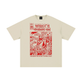 Beige t-shirt with red graphic of Marvin Gaye's "What's Going On" and text on a white background