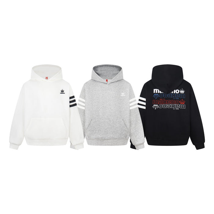 Three Makeno hoodies in white, gray, and black showing front styles and the black back graphic