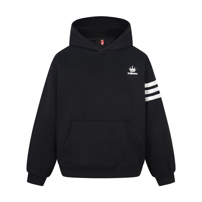 Makeno crown logo embroidered oversized hoodie with stripe sleeve detail shown in black, white, and grey colorways