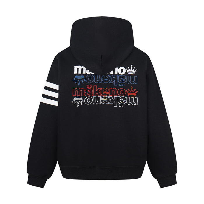 Black Makeno hoodie shown from the back with multicolor crown lettering and three white sleeve stripes