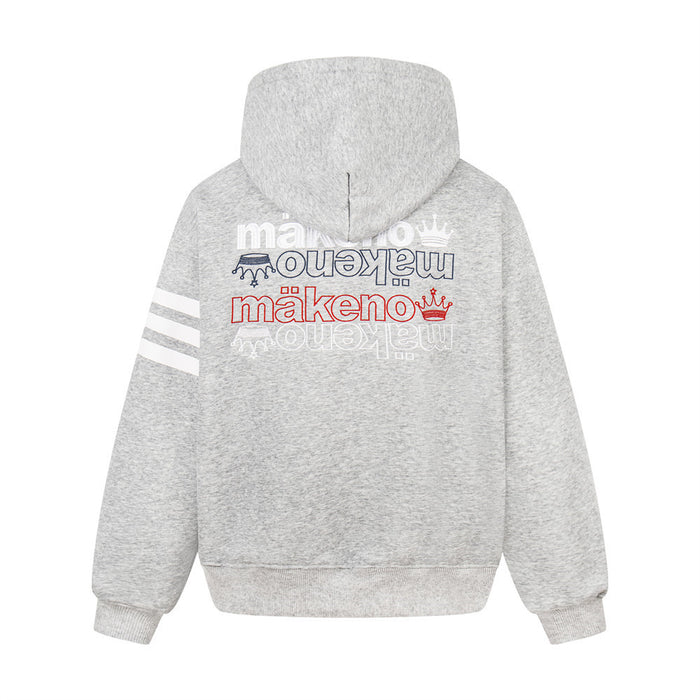 Back view of the gray Makeno hoodie with multicolor crown lettering and three white sleeve stripes