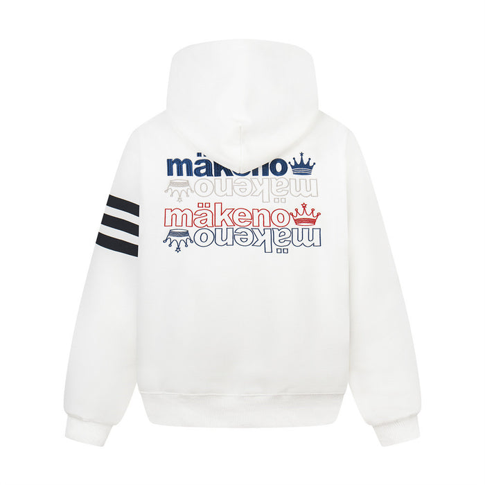 Back view of the white Makeno hoodie with multicolor crown lettering and three black sleeve stripes