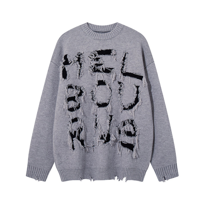 Oversized grey knit crewneck sweater with distressed fringe MELBOURNE lettering on the front