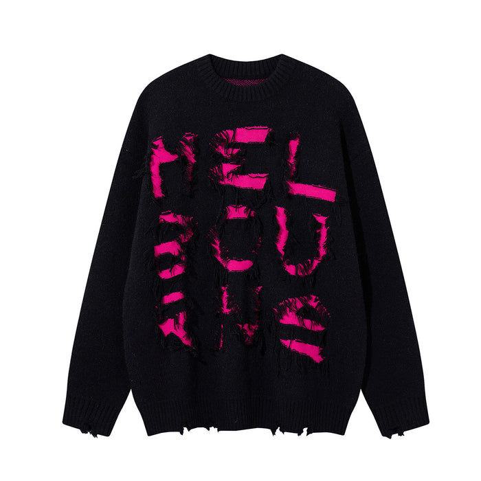 Black knit crewneck sweater with bold distressed pink lettering across the front and a frayed hem