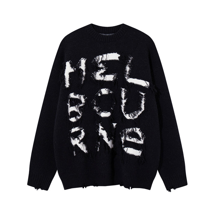 Black knit crewneck sweater with bold distressed white lettering across the front and a frayed hem