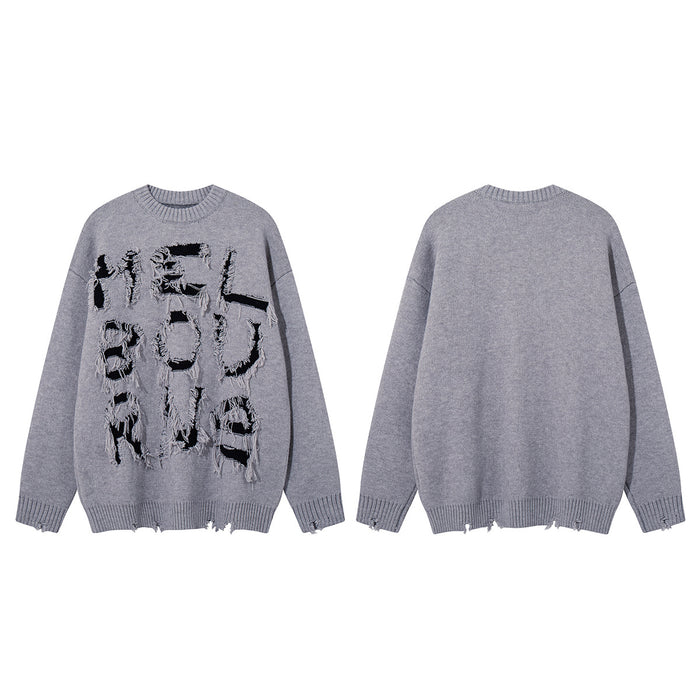 Gray distressed knit sweater shown front and back, with black abstract lettering on the front and a frayed hem