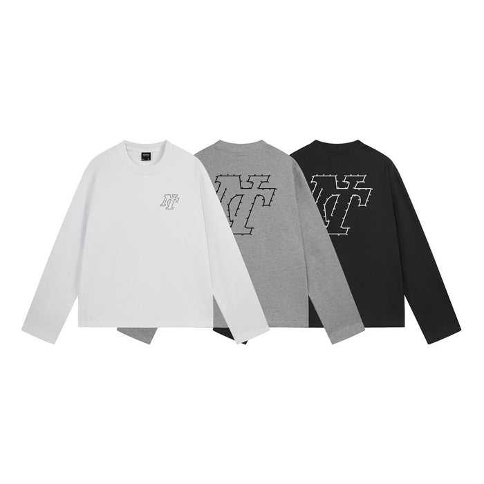 Three long-sleeve crew-neck shirts in white, gray, and black with small and large dot-to-dot logo prints