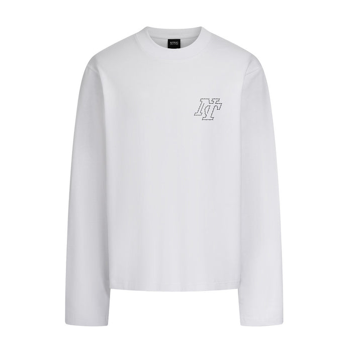 NTVG oversized men's long-sleeve graphic t-shirt in white with dot-to-dot logo print on back