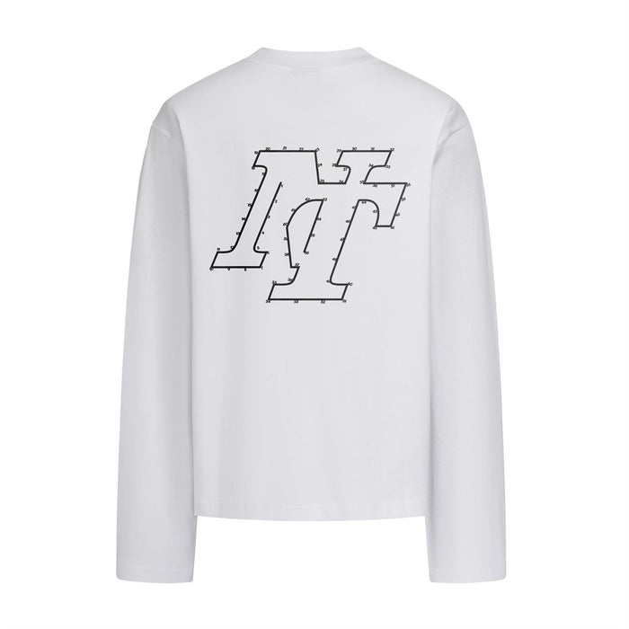 White long-sleeve crew-neck shirt shown from the back with a large outlined dot-to-dot logo print