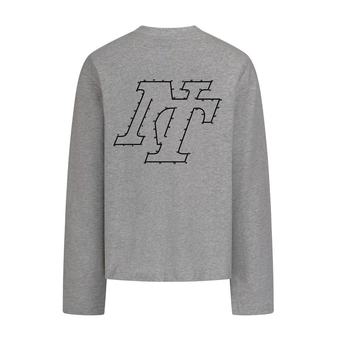 Gray long-sleeve crew-neck shirt shown from the back with a large outlined dot-to-dot logo print