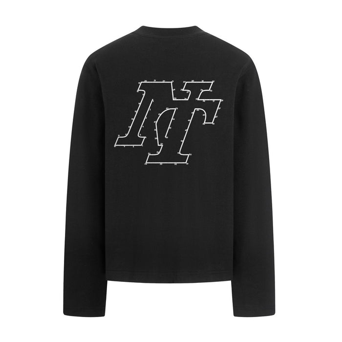 Black long-sleeve crew-neck shirt shown from the back with a large outlined dot-to-dot logo print