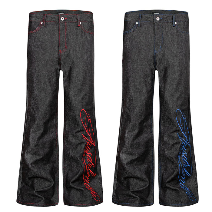 Black bootcut jeans shown front-facing in red- and blue-thread versions with script leg embroidery