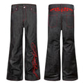 Black bootcut jeans shown side by side from front and back with red stitching and embroidery
