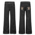 Men's black bootcut denim jeans with silver rivet side seams and leopard-print star patches on back pockets