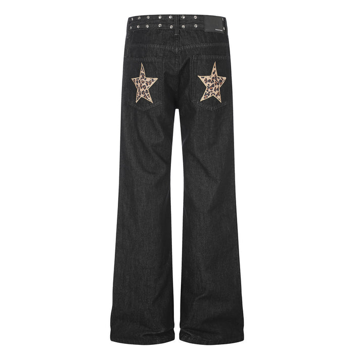 Back view of black bootcut jeans with leopard-print star patches on the rear pockets