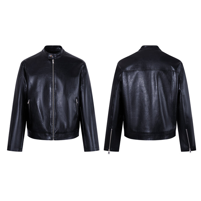 Black faux leather moto jacket shown from the front and back with zip closure, stand collar, and long sleeves